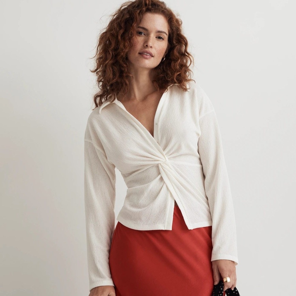 Madewell Women XL Cream Twist-Front Long-Sleeve Ribbed Crepe Top Sheen